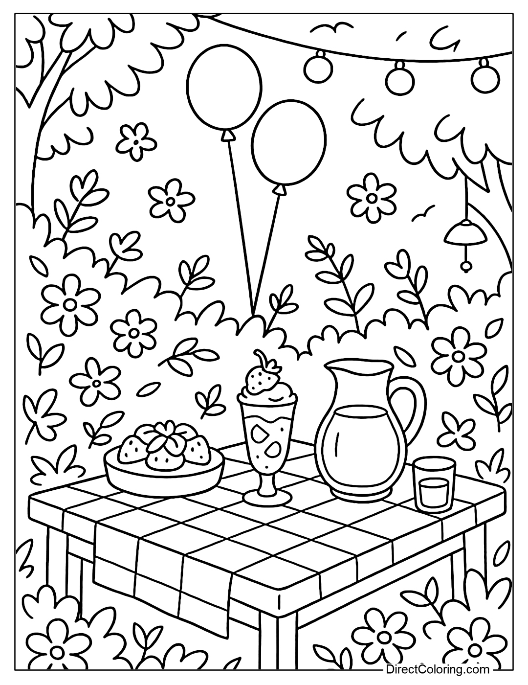 Coloring page of a small summer garden party table with tarts, fruit ice cream, juice, balloons, string lights and flowers blooming all around.